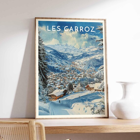 Les Carroz France Skiers on Slopes Alpine Village Winter Ski Poster