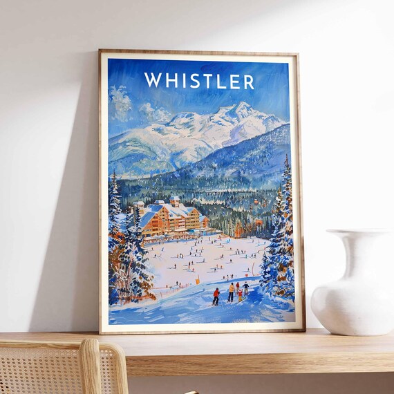 Whistler Canada Resort Building Skiers Mountain Scene Travel Poster