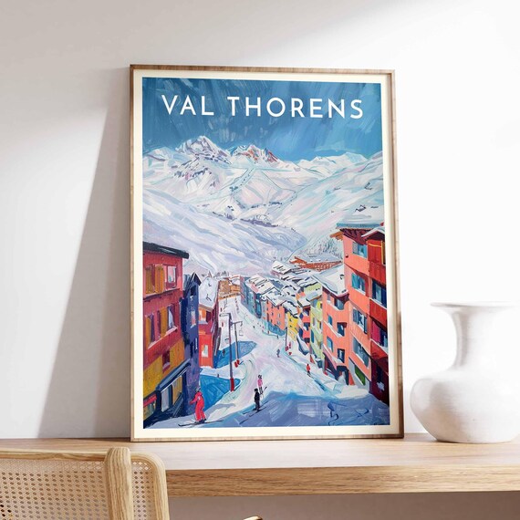 Val Thorens France Colorful Village Street Skiers Peak Poster