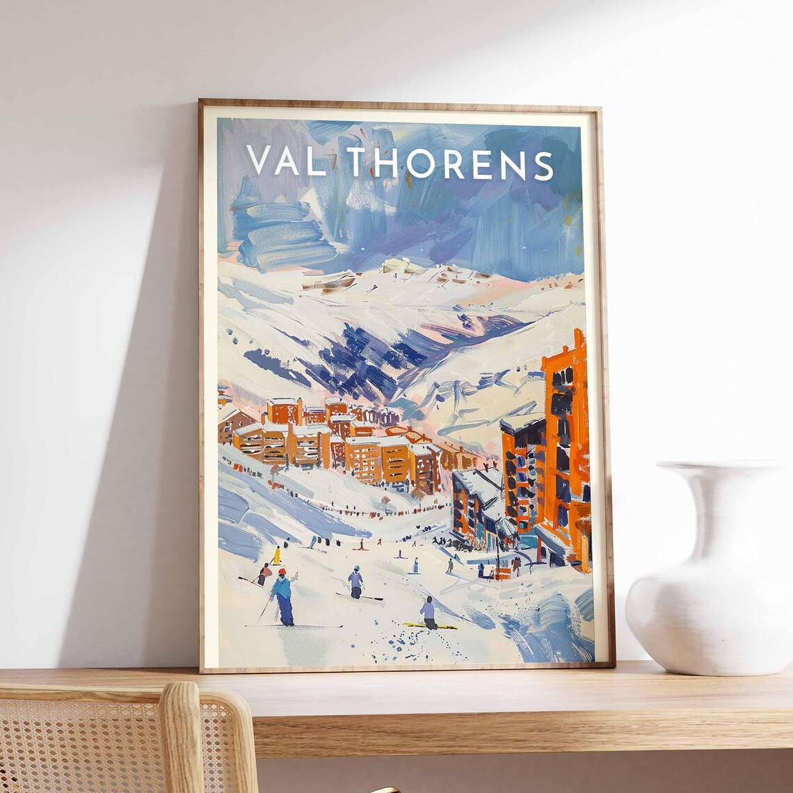 Val Thorens France Skiers Pastel Village Slopes Brushwork Poster