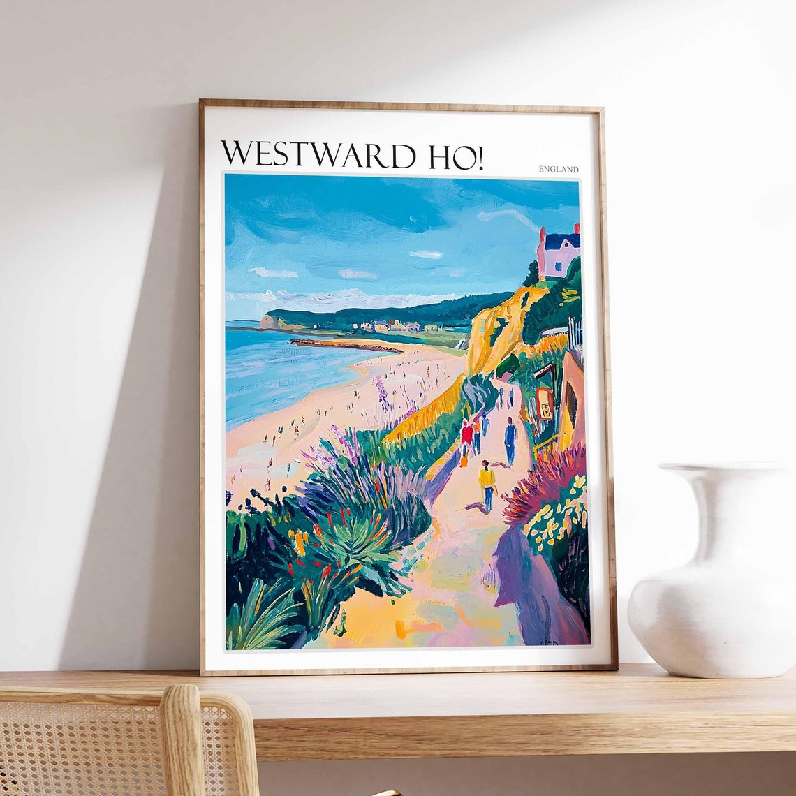 Westward Ho Cliff Path Walkers Pink House Flowers Art Poster