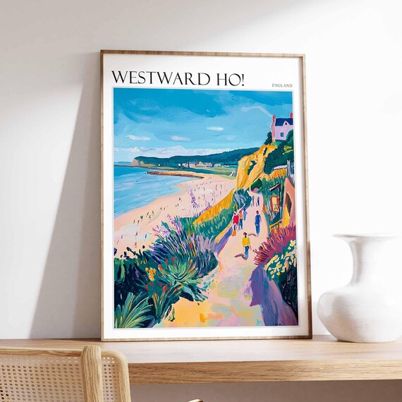 Westward Ho Poster North Devon Poster Uk Travel Poster Coastal Wall Art British Decor Surfing Travel Poster Westward Ho Travel Print