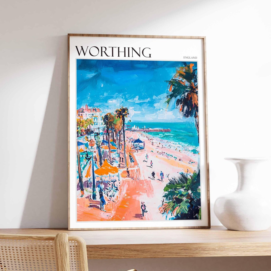 Worthing England Palm Lined Promenade Beach Crowd Painting Poster