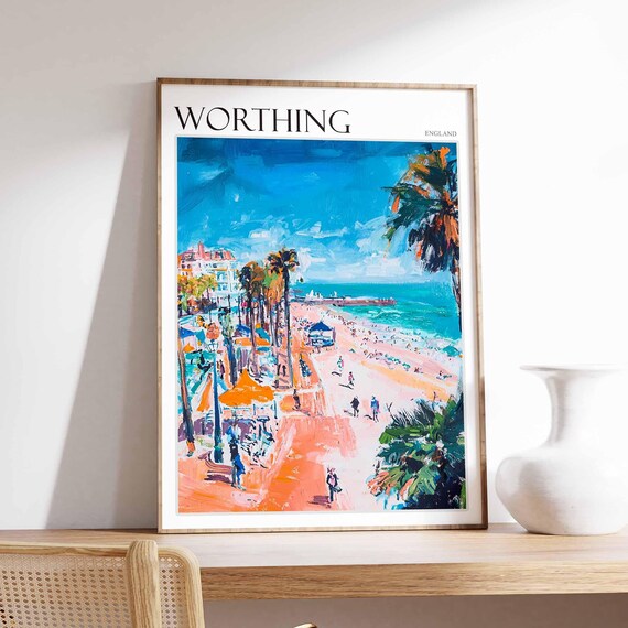 Worthing England Palm Lined Promenade Beach Crowd Painting Poster