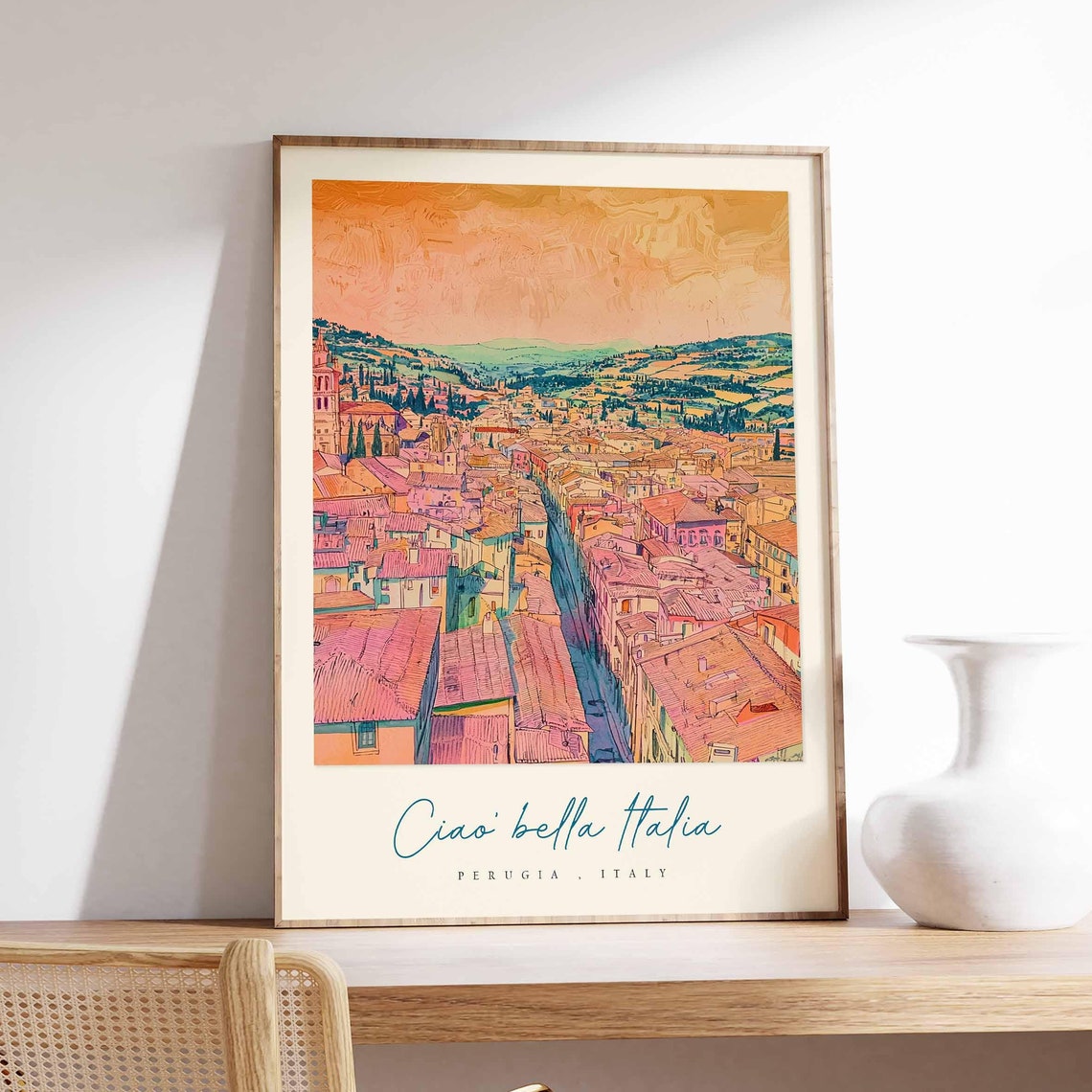 Perugia Italy Golden Sunset Rooftops Panorama Scene Travel Poster