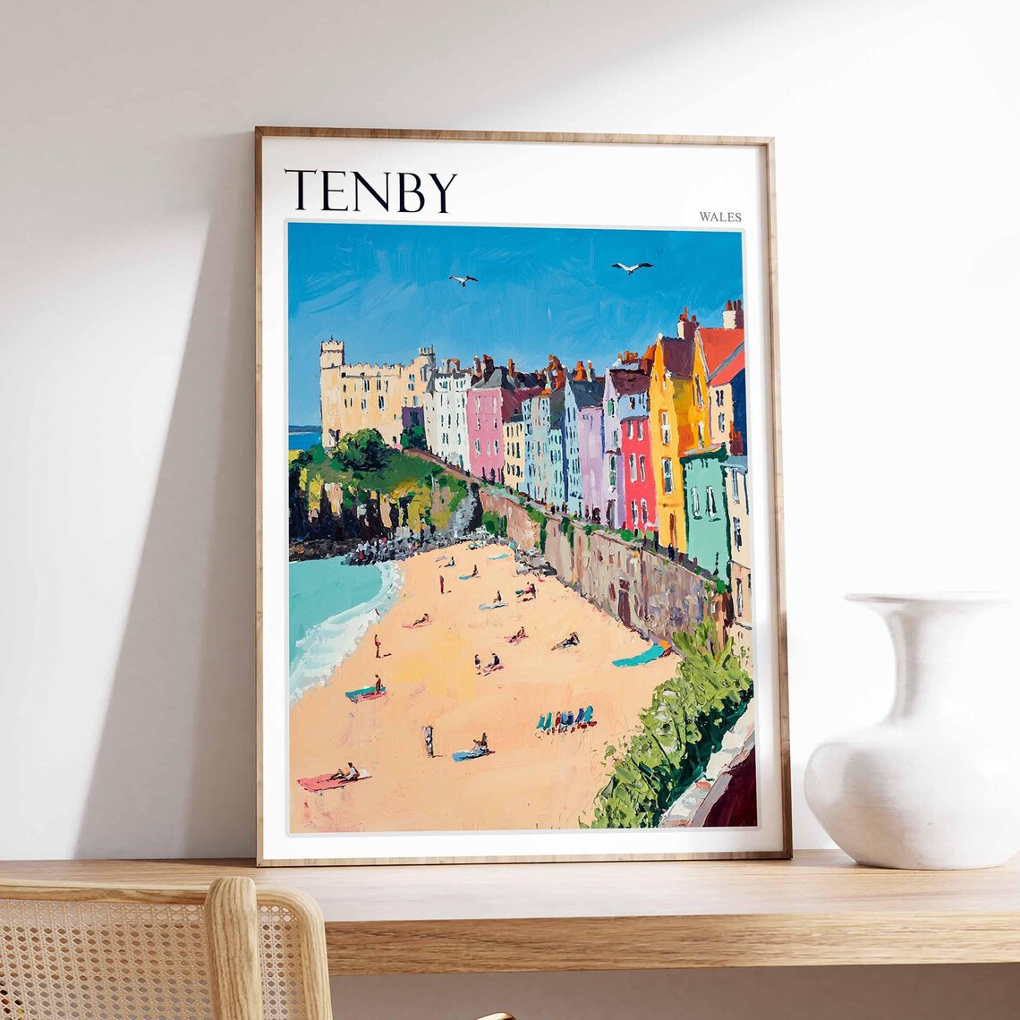 Tenby Seafront Pastel Houses Castle Beach Seagulls Art Poster