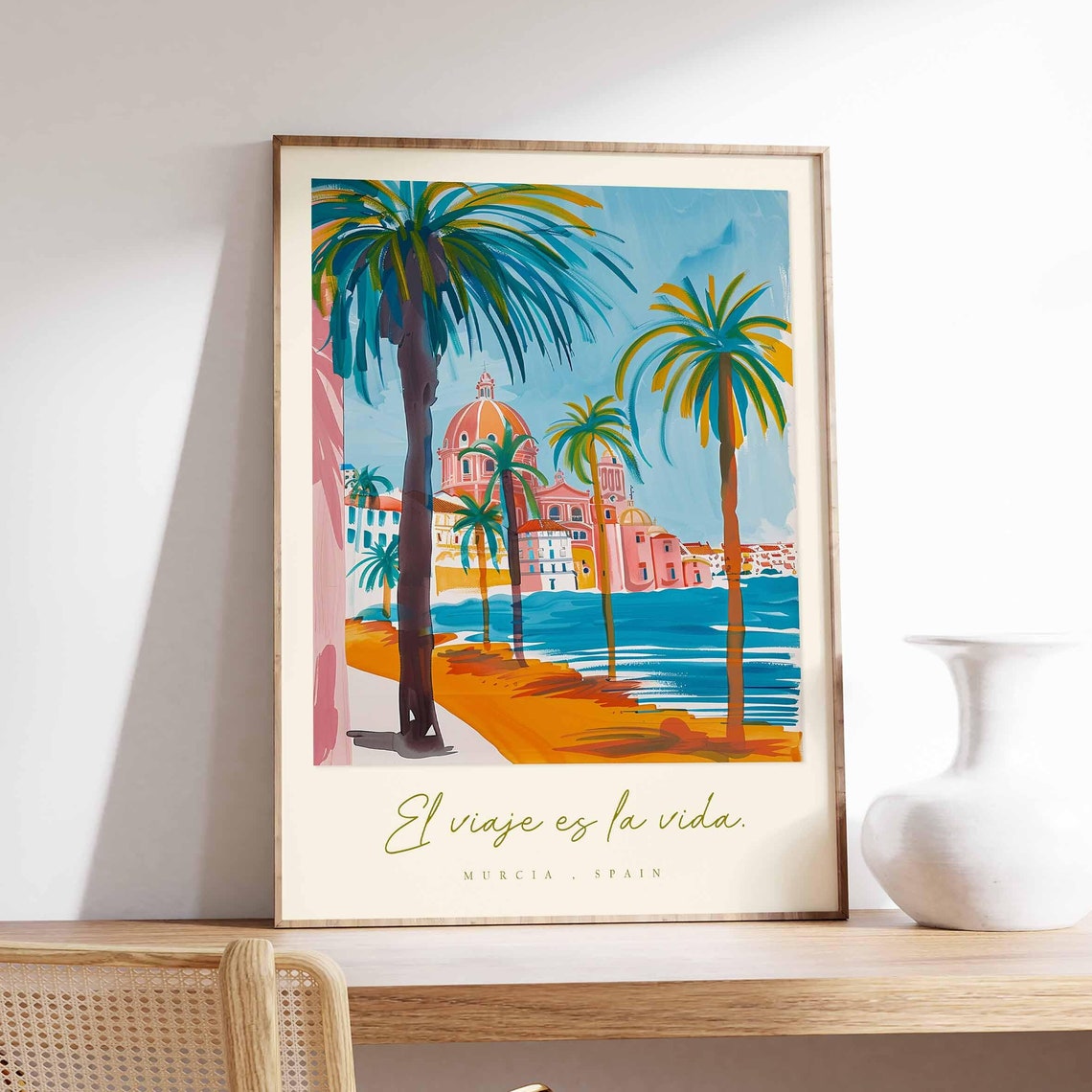 Murcia Spain Retro Travel Poster Palm Trees and Cathedral Watercolor