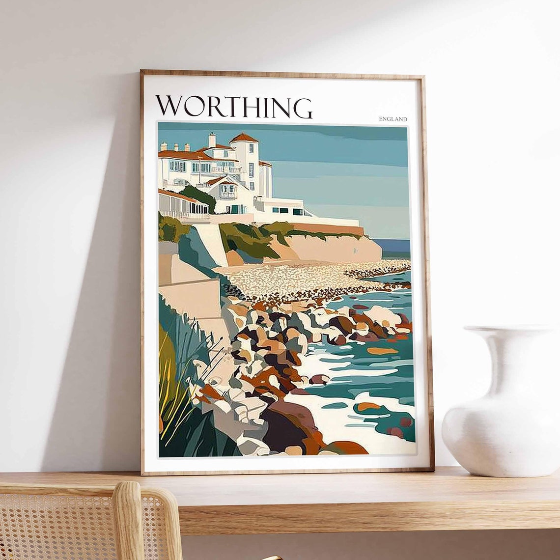 Worthing Poster Sussex Poster Uk Travel Poster Coastal Wall Art Uk Home Decor Worthing Travel Print Sussex Travel Print Worthing Art