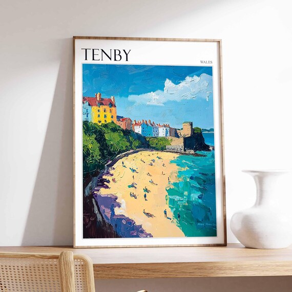 Tenby Bay Bold Impasto Turquoise Water Beach Scene Art Poster