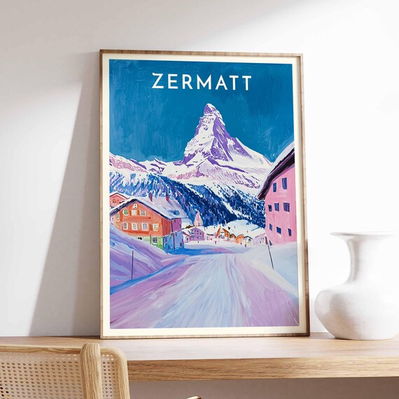 Zermatt Matterhorn Purple Village Street Winter Scene Art Poster