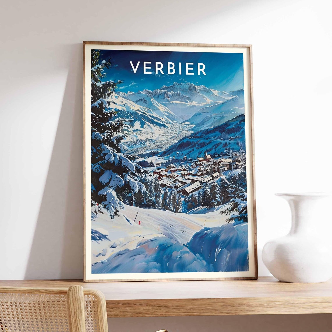 Verbier Switzerland Deep Blue Valley Skiers Alpine Travel Poster
