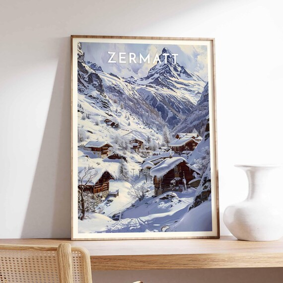 Zermatt Wooden Chalets Beneath Matterhorn Snow Winter Art Poster