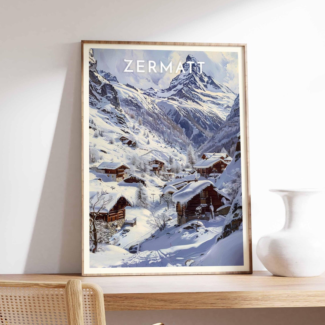 Zermatt Wooden Chalets Beneath Matterhorn Snow Winter Art Poster