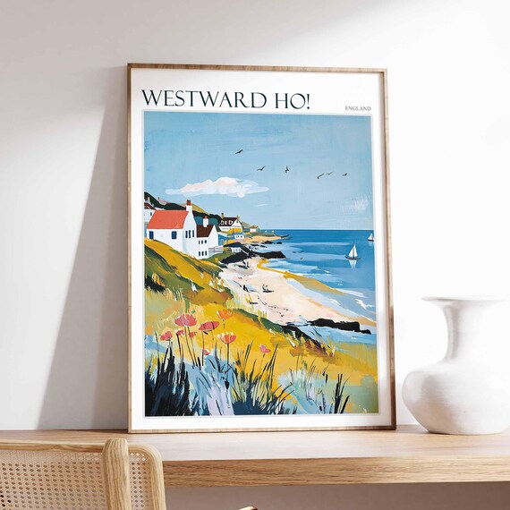 Westward Ho Poster North Devon Poster Uk Travel Poster Coastal Wall Art British Decor Surfing Travel Poster Westward Ho Travel Print