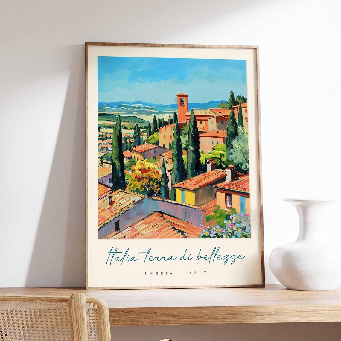 Umbria Italy Village Rooftops Bell Tower Bold Impasto Painting Poster