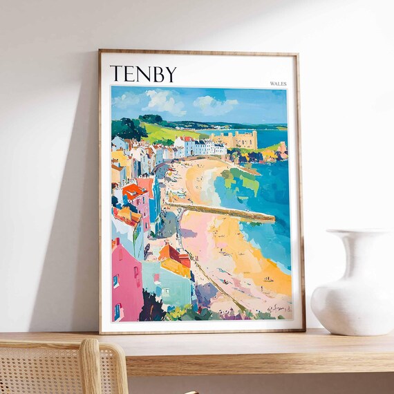 Tenby Harbour Pastel Houses Beach Pier Castle Travel Art Poster