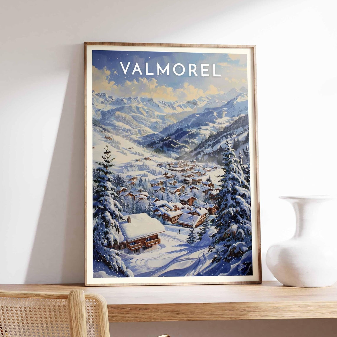 Valmorel Golden Winter Chalet Village Alpine Panorama Vintage Poster