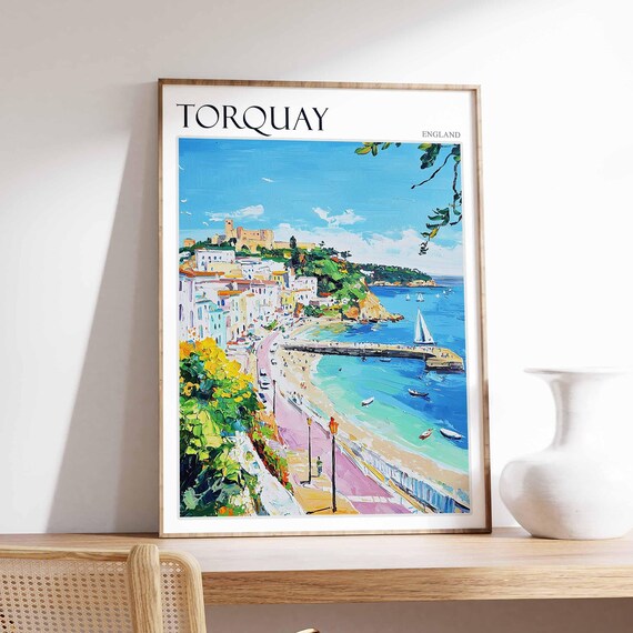 Torquay Hilltop Town Pier Sailboats Painterly Seaside England Poster