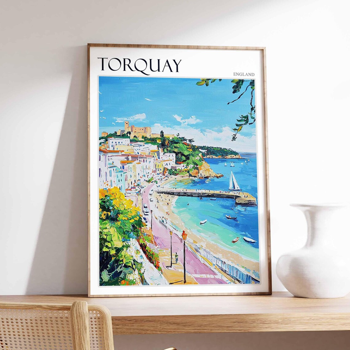 Torquay Hilltop Town Pier Sailboats Painterly Seaside England Poster