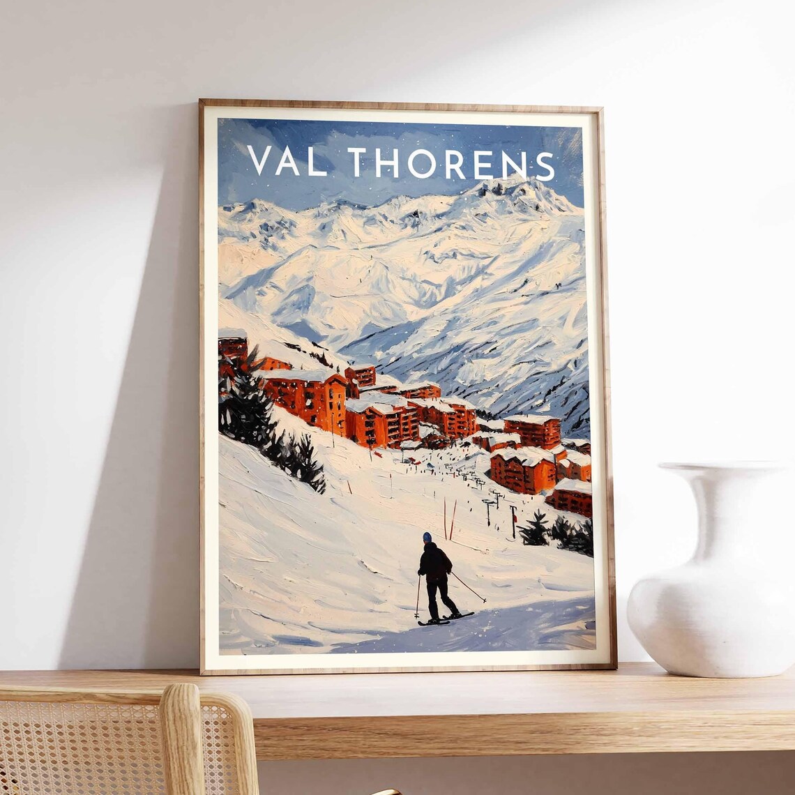 Val Thorens France Lone Skier Red Village White Peaks Poster
