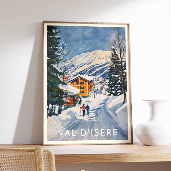 Val-D'Isère Village Street Skiers French Alps Painterly Winter Poster