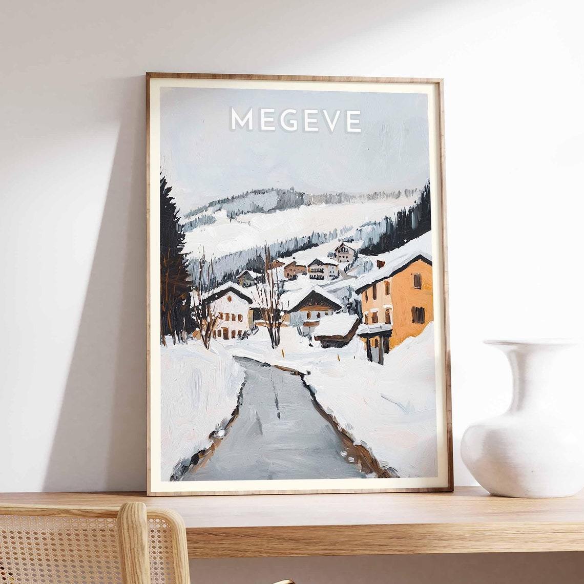 Megeve Overcast Alpine Street Chalets Quiet Winter Art Poster