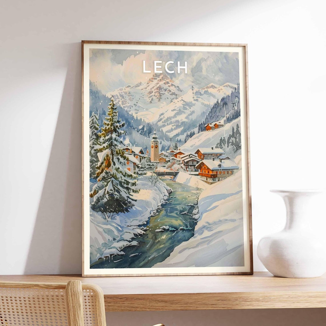 Lech Austria Watercolor Snowy Village and Alpine River Travel Poster