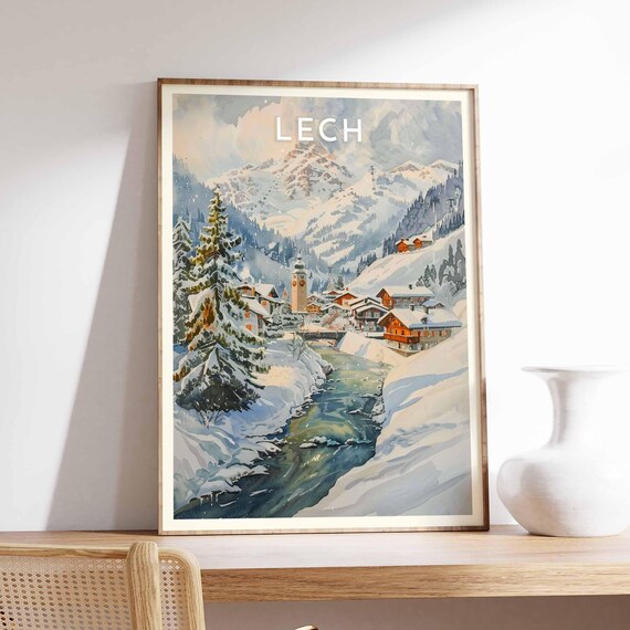 Lech Austria Watercolor Snowy Village and Alpine River Travel Poster