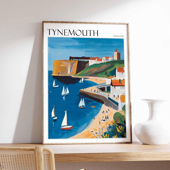 Tynemouth Sailboats Pier Golden Cliffs Castle View Art Poster