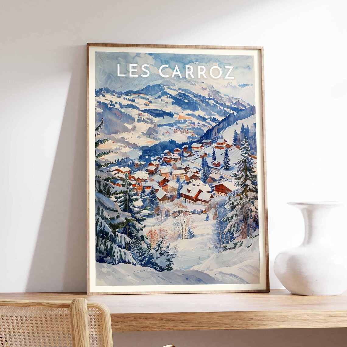 Les Carroz France Watercolor Snowy Alpine Village Ski Travel Poster