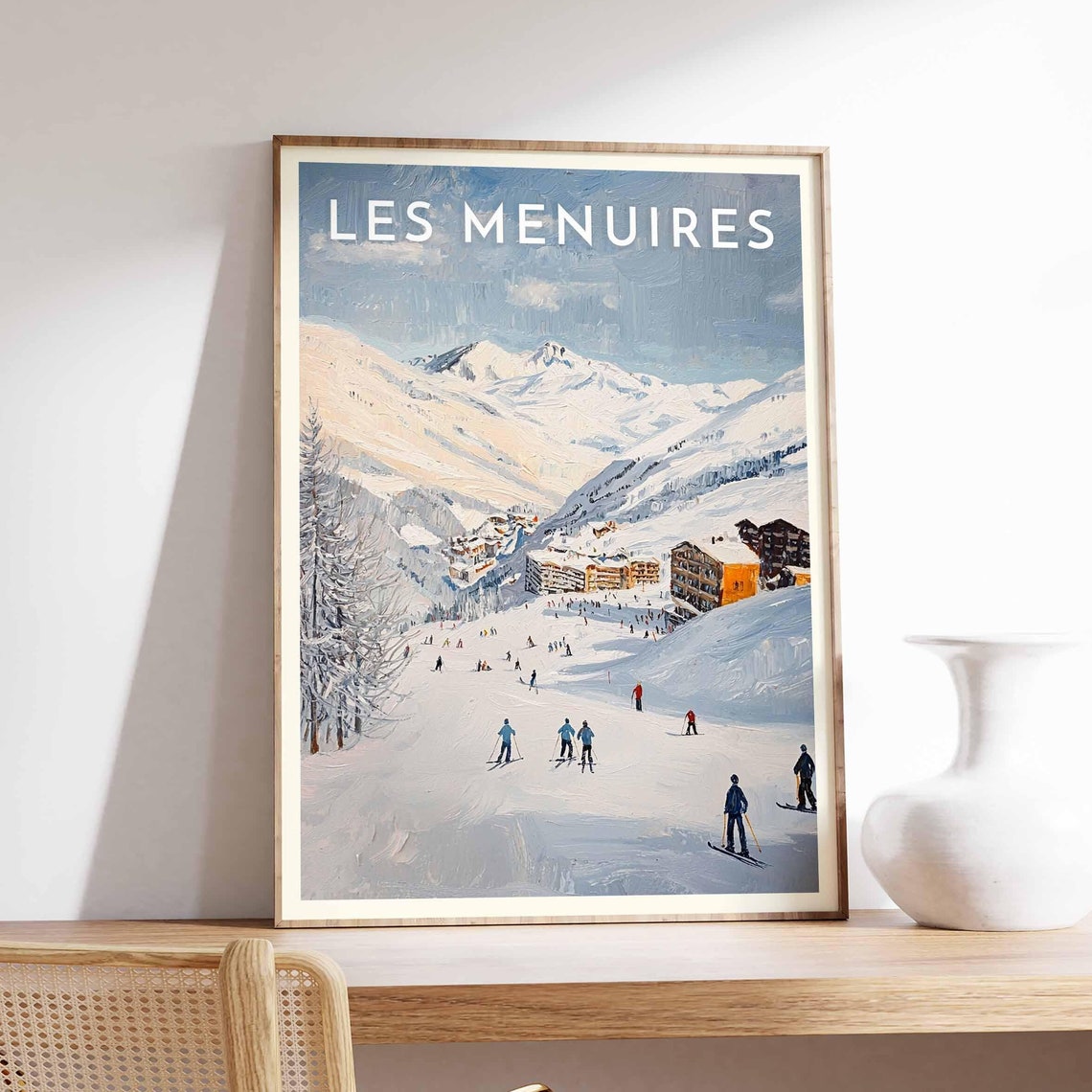 Les Menuires France Vintage Ski Slope Village Crowd Scene Poster