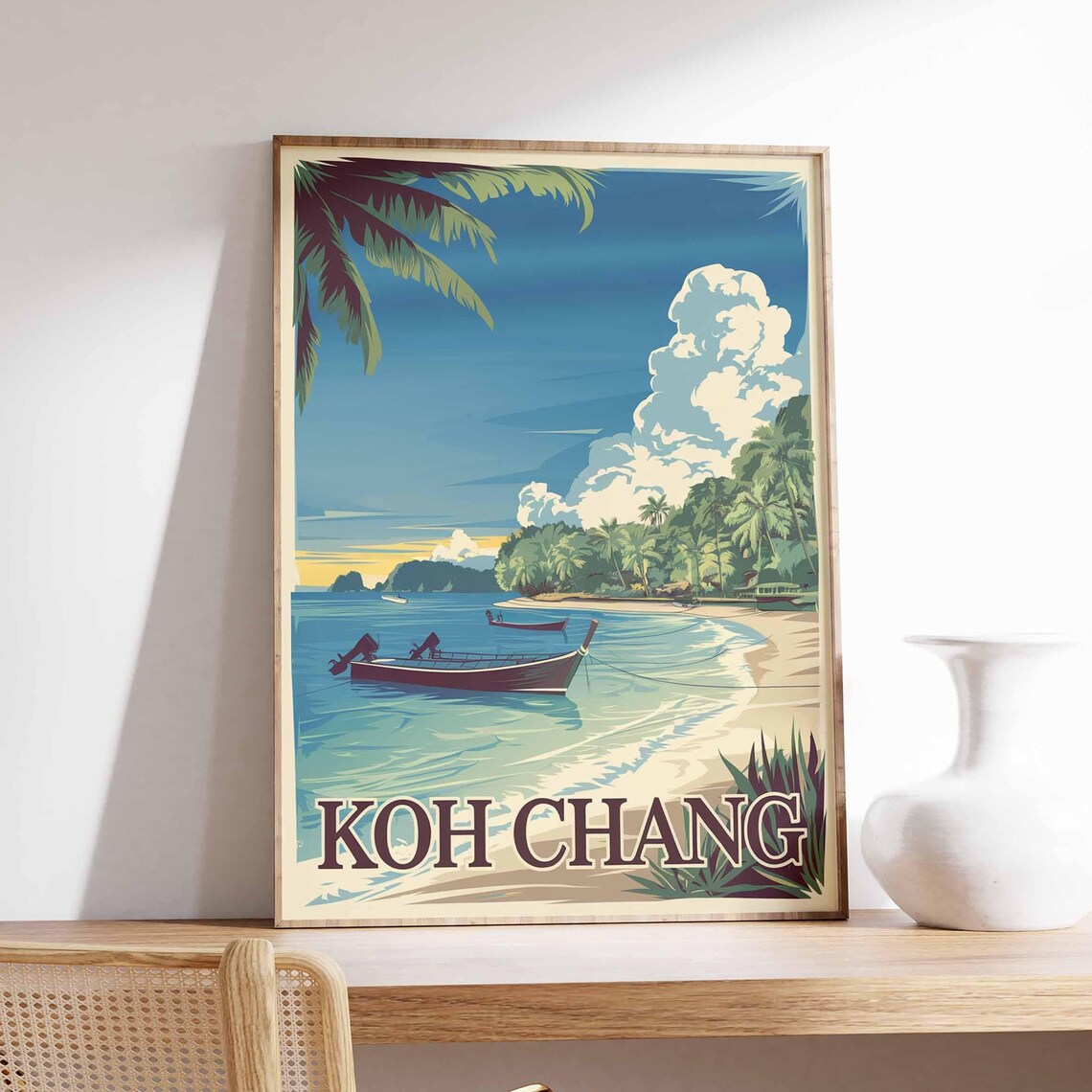 Koh Chang Thailand Beach Longtail Boat Retro Travel Art Poster