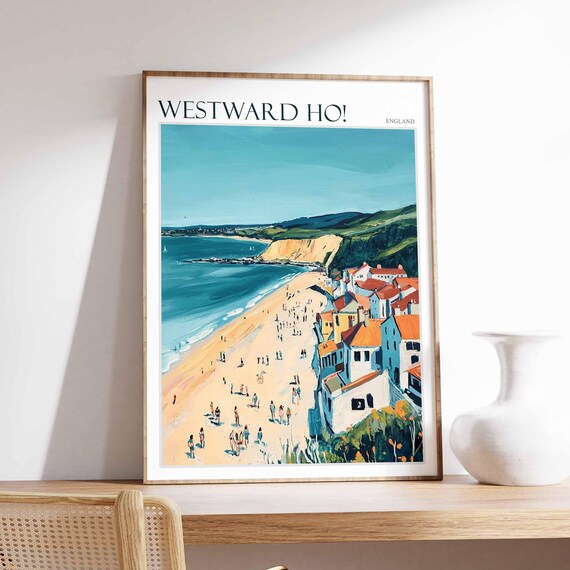 Westward Ho Poster North Devon Poster Uk Travel Poster Coastal Wall Art British Decor Surfing Travel Poster Westward Ho Travel Print