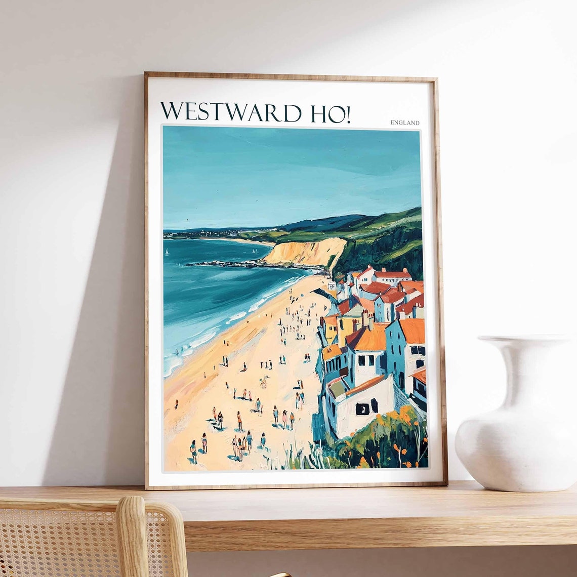Westward Ho Busy Sandy Beach White Houses Cliffs Sunny Art Poster