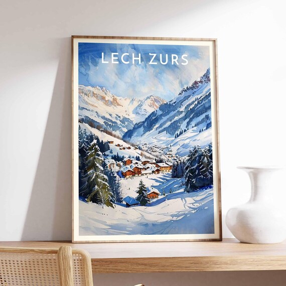 Lech Zurs Austria Watercolor Snowy Valley Village Peaks Poster