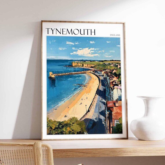 Tynemouth Long Beach Pier Aerial Coastal Town Painterly England Poster