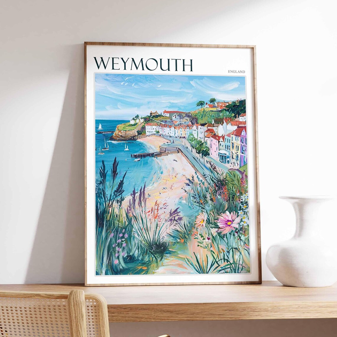 Weymouth Harbour Sailboats Wildflowers Colorful Houses Art Poster