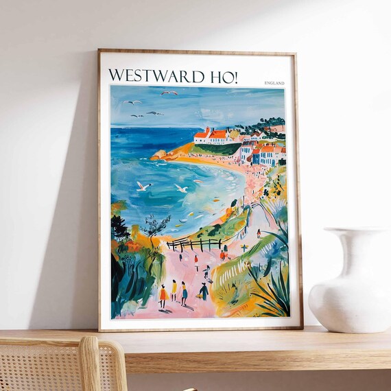 Westward Ho Poster North Devon Poster Uk Travel Poster Coastal Wall Art British Decor Surfing Travel Poster Westward Ho Travel Print