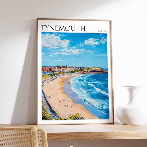 Tynemouth Sandy Beach Waves Cliffs Painterly Coastal England Poster
