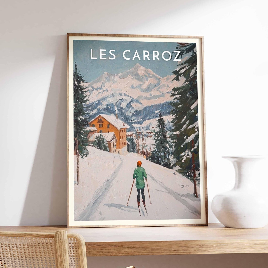 Skiing Travel Poster Les Carroz Ski Print France Travel Print Skiing Art Skiing Print Winter Sport Art Ski Gift