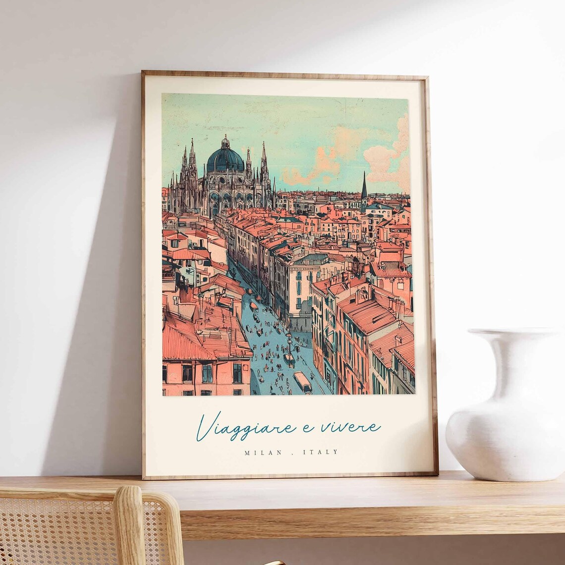 Milan Duomo Aerial Retro Travel Illustration Italy City Poster