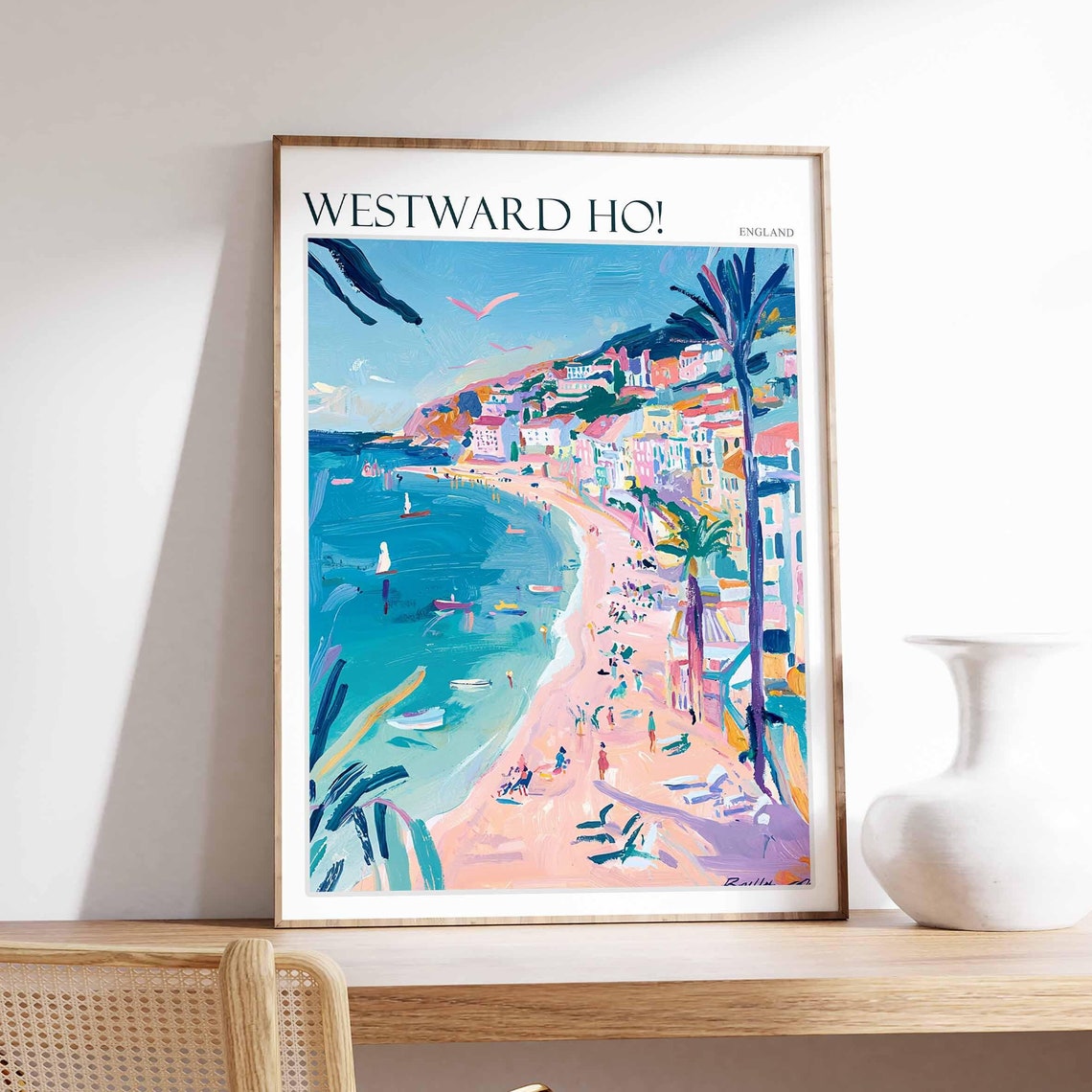Westward Ho Palm Beach Pink Sand Hillside Town Scene Art Poster