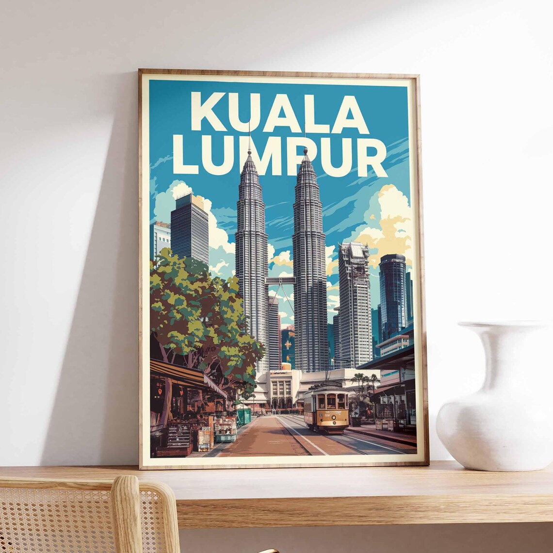 Kuala Lumpur Petronas Towers Vintage Tram Retro City Travel Poster