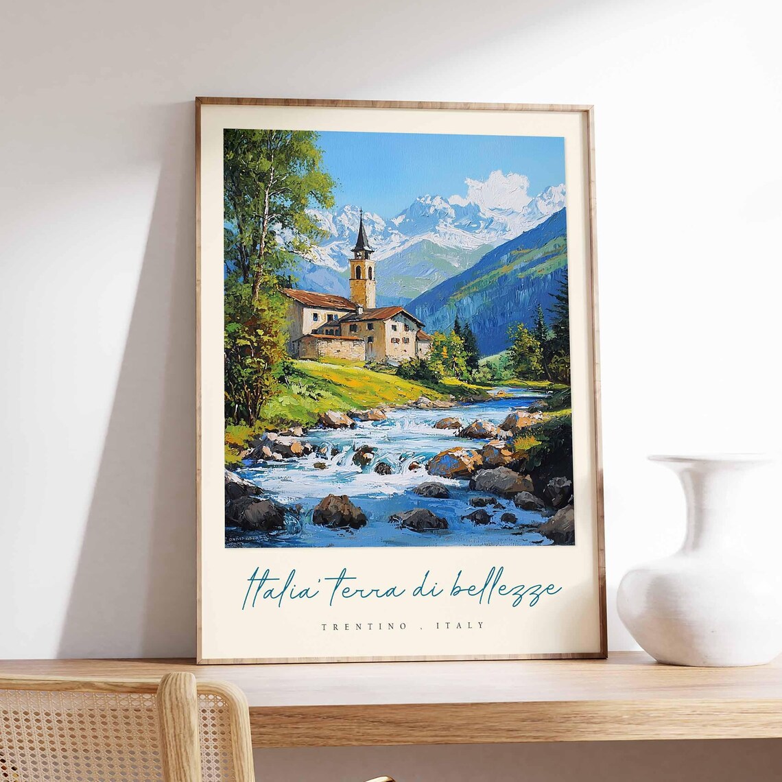 Trentino Italy Alpine Stream Painting Church Snowy Peaks Poster