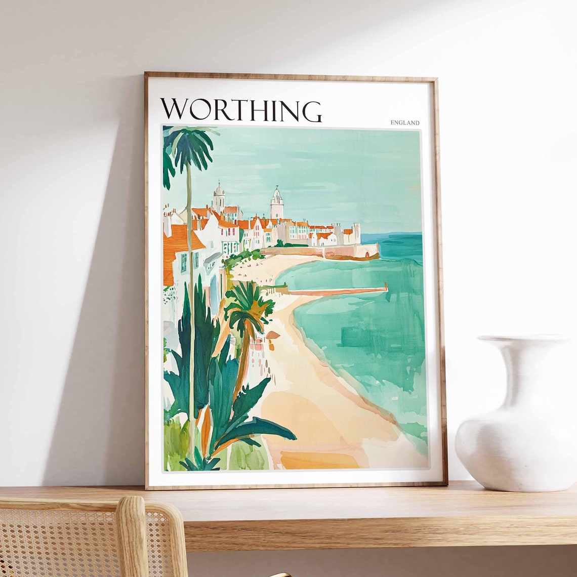 Worthing England Sandy Beach Palm Trees Watercolor Travel Poster