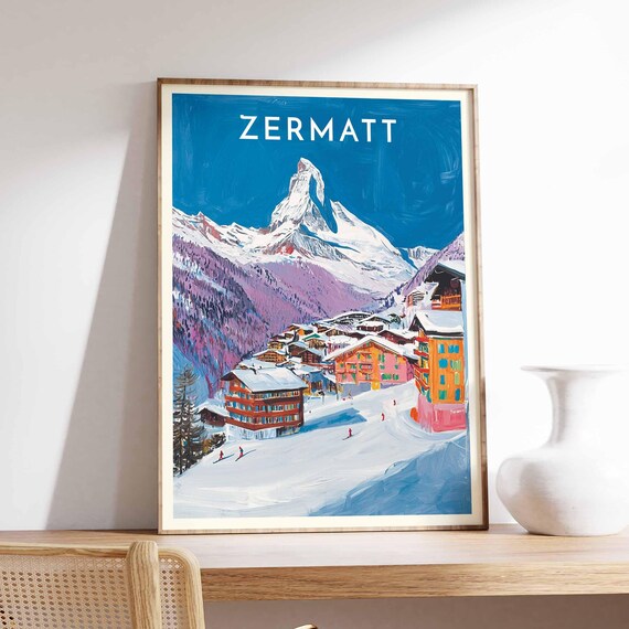 Zermatt Switzerland Matterhorn Village Skiers Color Travel Poster