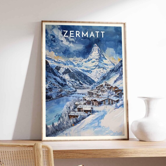 Zermatt Blue Watercolor Matterhorn Alpine Village Scene Poster