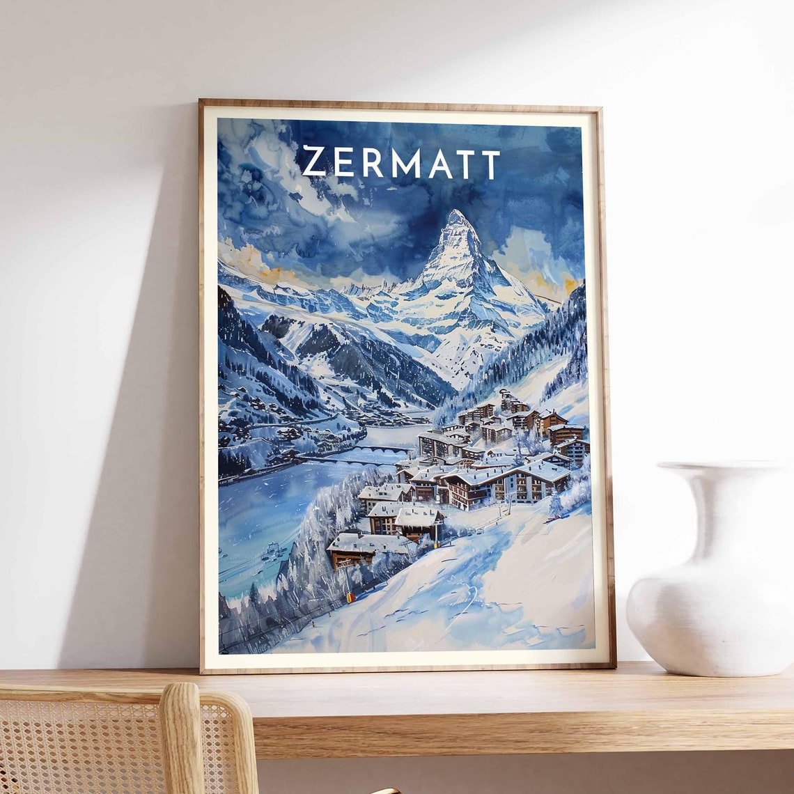Zermatt Blue Watercolor Matterhorn Alpine Village Scene Poster