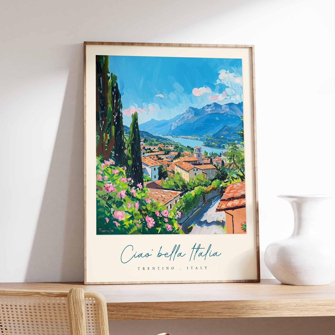 Trentino Italy Lakeside Village Painting Cypress Pink Flowers Poster