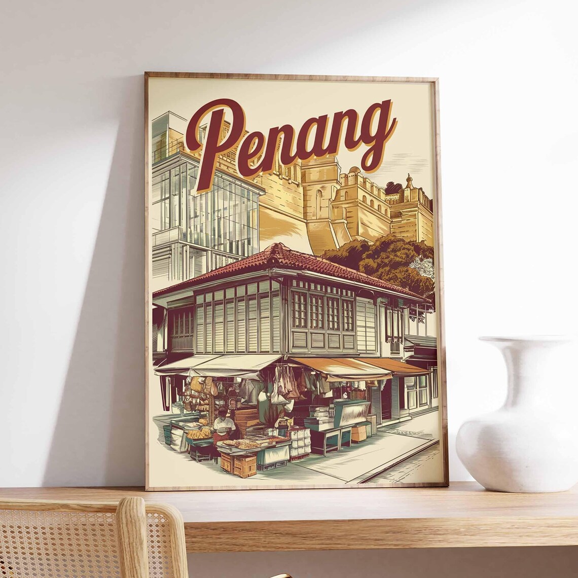 Penang Malaysia Vintage Shophouse Street Scene Travel Poster